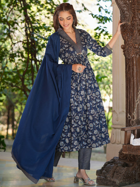 Navy Blue Pure Cotton Floral Printed A-line Kurta Pant With Dupatta Set